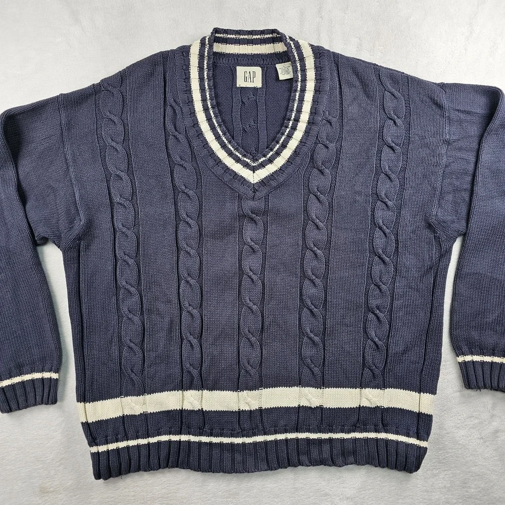 Vtg GAP Cable Knit V Neck Sweater Mens L Navy & White Cricket Tennis Preppy 90s